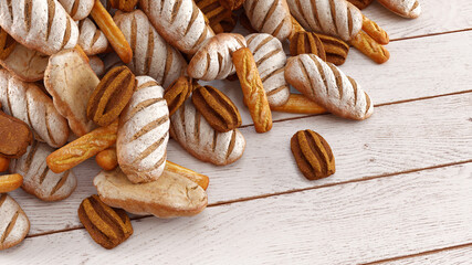 Many mixed breads and rolls shot from above. 3d rendering