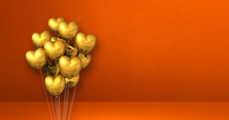 Gold heart shape balloons bunch on orange wall background. Horizontal banner.