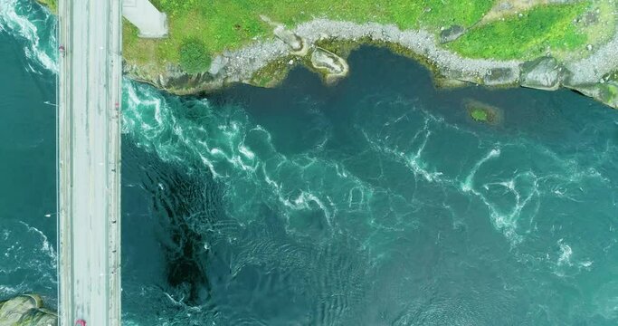 Aerial top down of Saltstraumen maelstrom with strong whitewater current
