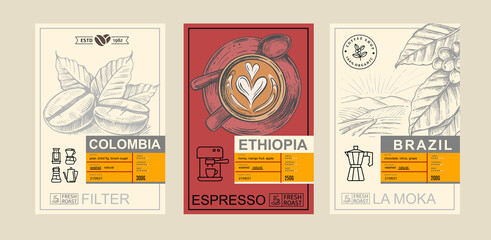 Packaging design for coffee. Sketch drawing art for packaging label. Beans, leaf brunch and cup cappuccino - 426422374