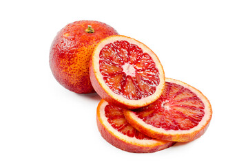 Bloody oranges whole and sliced isolated on white background. Red sicilian orange fruit.