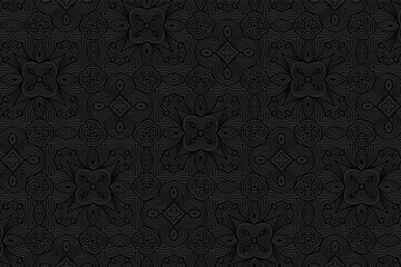 Geometric volumetric convex black background. Ethnic African, Mexican, Indian motives. 3d embossed national colorful pattern.Trendy craft style for wallpaper. 