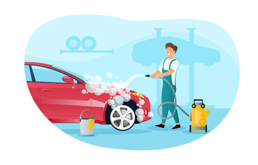 Male character in overall is washing a car in garage
