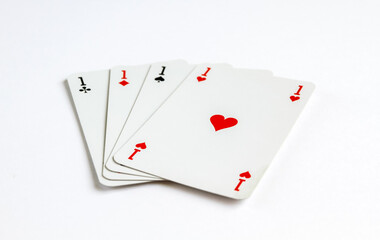 Four aces playing card game on white background