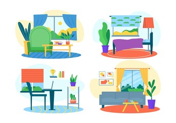 Room interior set, isolated on white vector illustration. Living room, bedroom and home office, decoration house by modern sofa, table