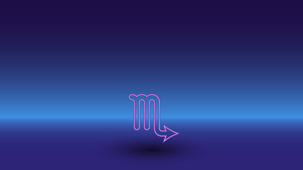 Neon zodiac scorpio symbol on a gradient blue background. The isolated symbol is located in the bottom center. Gradient blue with light blue skyline