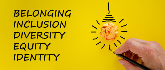 Belonging symbol. Businessman writing 'identity, equity, diversity, inclusion, belonging', yellow...