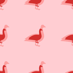 Seamless pattern of large isolated red goose symbols. The elements are evenly spaced. Vector illustration on light red background