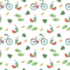 Seamless summer pattern with bicycle, mojito, banana and flip flops Vector illustration