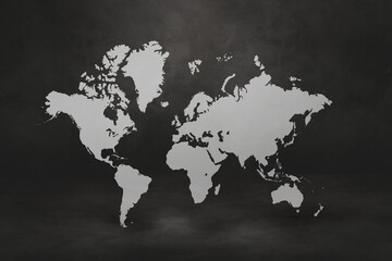 World map on black concrete wall background. 3D illustration