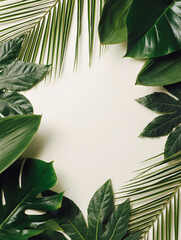 Tropical border frame made with with various fresh green palm leaves on pastel beige background. Minimal summer exotic concept with copy space. Flat lay, top view.