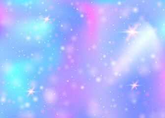 Unicorn background with rainbow mesh. Kawaii universe banner in princess colors. Fantasy gradient backdrop with hologram. Holographic unicorn background with magic sparkles, stars and blurs.