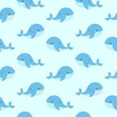 Naklejka premium Cute blue whale seamless pattern. Children's print on the wallpaper. Vector illustration of sea animals in flat style 