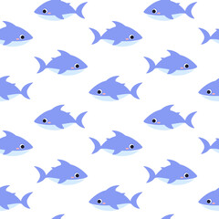 Seamless pattern cute shark. Blue cartoon shark print. Isolated on a white background.
