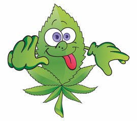 Hemp Leaf. Cute funny Weed marijuana leaf. Call center operator. Cartoon mascot character. Medical cannabis, weed, marijuana character concept