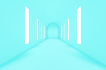 Blue room with large windows and bright lights. Backdrop design for product promotion. 3d rendering