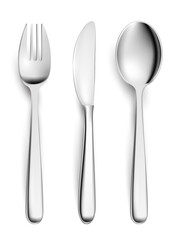 Fork, knife, spoon, table cutlery set, flat lay. Clean utensils for dinner, breakfast, supper or lunch vector illustration. Dining silverware isolated on white background, view from above