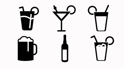Drinks Icon Set. Vector siolated back and white set of different drinks
