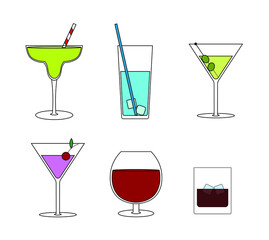 Vector illustration of a set with glasses with a cocktail. The element is isolated on a white background.
The collection can be used as a sticker, icon, logo.