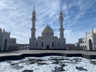 Beautiful White Mosque in Bolgar (spring). 
Tatarstan. Russia. Place of adoption of the Islamic religion. The concept of religion and islamic traditions