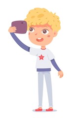 Little boy making selfie on phone. Kid taking photo on smartphone isolated on white background. Child with mobile device vector illustration. Fun social activities with electronics
