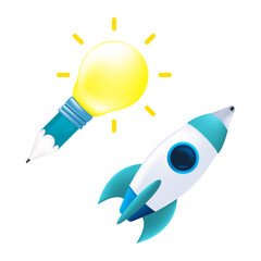 Concept design of an idea or inspiration icon. Vector illustration of a pencil, yellow light bulb, and a pen in the form of a rocket isolated on a white background