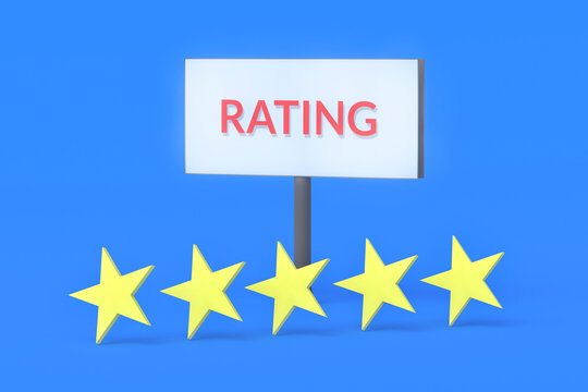 5 stars near billboard with word rating. High quality service. Positive feedback. Buyer choice. Perfect result. Good choice. Best experience. 3d render
