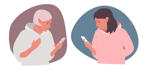 Two girls talk on phone. Two beautiful women are texting each other. Flat vector illuctration. Two cute girls holding mobile phone. Two persons cellphone conversation sending messages.