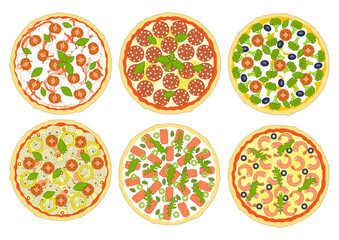 Pizza set - Margarita, pepperoni, seafood pizza with shrimps, fish pizza with salmon, mushroom with champignons, vegetable with broccoli - italian baked food isolated on white - vector design elements