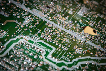 Circuit board. Electronic computer hardware technology. Motherboard digital chip. Tech science background. Integrated communication processor.