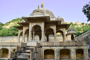 Ancient temple with many arches in Gatore Ki Chhatriyan. Jaipur, India.