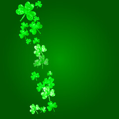 Shamrock background for Saint Patricks Day. Lucky trefoil confetti. Glitter frame of clover leaves.. Template for gift coupons, vouchers, ads, events. Merry shamrock background.