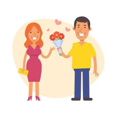 Man gives woman bouquet flowers and smiles. Vector characters