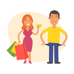 Fototapeta premium Woman holds credit card and and man shows that he has no money. Vector characters