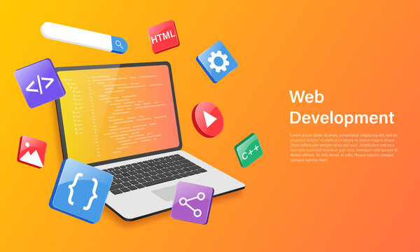 Landing page template. Website development concept. Tools for creating a web page around a laptop.