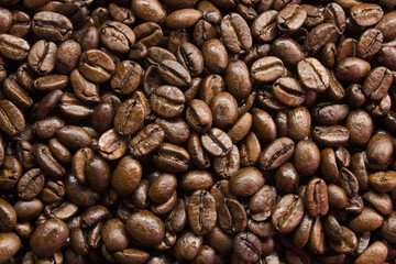 Close up view of roasted coffee beans.