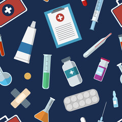 Seamless pattern with medical icons. Hospital signs. Syringe, plaster, vials, pills, test tubes, dropper, doctor`s bag. Vector color illustration.