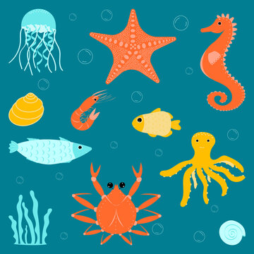 set sea inhabitants- starfish, seahorse, jellyfish, shrimp, octopus, crab, fish, shells and algae on a dark green background
