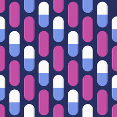 Vector seamless pattern with white and violet, pink pills, tablets, isolated on dark blue background. Capsules. Medical preparations. Flat design. Color illustration.
