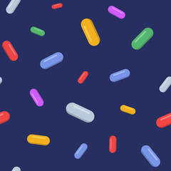 Vector seamless pattern with color pills, tablets, isolated on dark blue background. Medical preparations. Flat design. Color illustration.