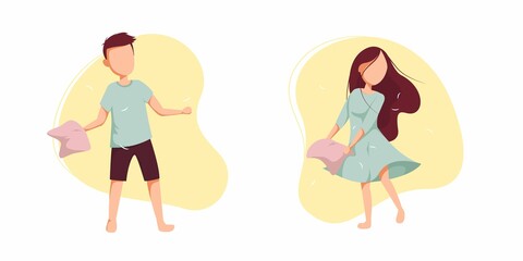 A series of pictures. Pillow fight in pajamas. Pajama party. Time at home during quarantine. Vector illustration on isolated background.