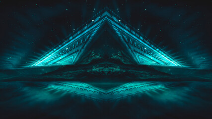 Futuristic fantasy night landscape with abstract landscape and island, moonlight, radiance, moon, neon. Dark natural scene with light reflection in water. Neon space galaxy portal. 3D illustration.  © MiaStendal