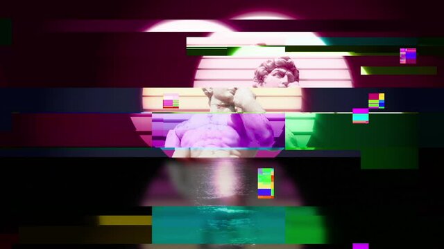 Intentional glitch distortion noise effect: a vaporwave ancient Greek statue in a dark sea, with a digital sun behind it and reflections on the water.
