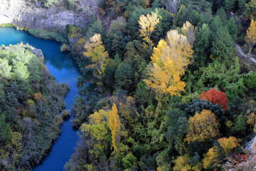 Colorful autumn landscape of the Jucar river as it passes through the Cuenca mountains
