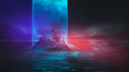 Futuristic fantasy night landscape with abstract landscape and island, moonlight, radiance, moon, neon. Dark natural scene with light reflection in water. Neon space galaxy portal. 3D illustration. 