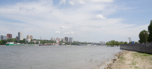 Fototapeta premium View of the city from the left bank. On the Don River sailing ships