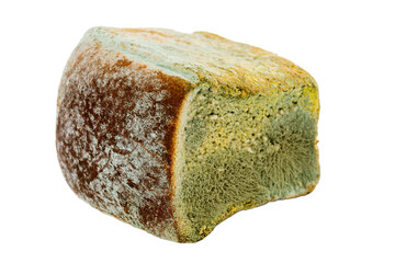 Mouldy bread on a white background. Expired pastries