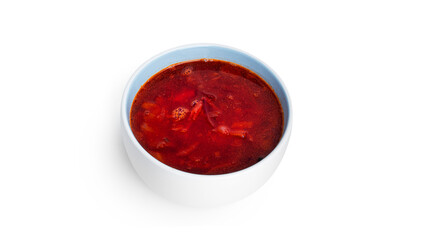 Red, hot borscht - beet soup isolated on a white background.