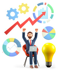 3D illustration of happy man with laptop throwing his hands up in the air. Businessman, successful investor with charts, infographics and graph dashboard. Financial consulting, investment concept.