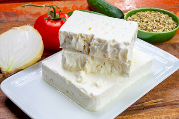 Cheese collection, white Greek salty feta cheese ready to eat